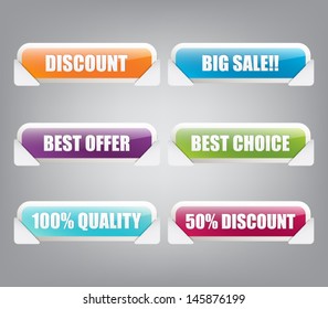 Set of six glossy plastic banners with reflex for business design or websites. Discount, big sale, offer, quality, choice