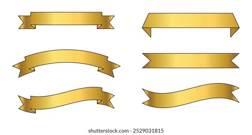 Set of six gold banners in various shapes and styles. Perfect for design projects, awards, or labels, these shiny gold ribbons offer a range of decorative options for certificates, logos, or branding.