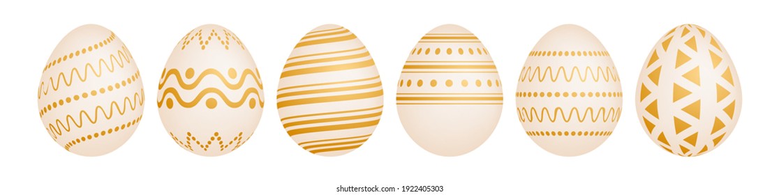 Set of six gold Easter eggs on white background. Holiday gift decoration. Vector illustration.
