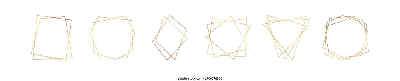 Conjunto de seis marcos geométricos poligonales dorados con efectos brillantes aislados en el fondo blanco. Fondo de arte deco brillante vacío. Ilustración vectorial.
