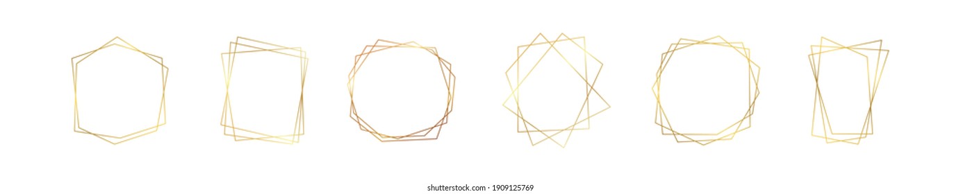 Set of six gold geometric polygonal frames with shining effects isolated on white background. Empty glowing art deco backdrop. Vector illustration.