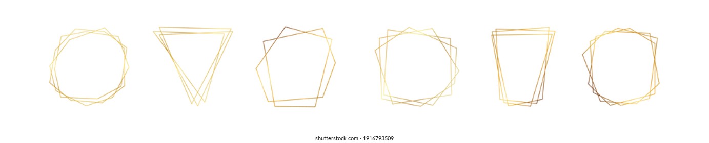 Conjunto de seis marcos geométricos poligonales dorados con efectos brillantes aislados en el fondo blanco. Fondo de arte deco brillante vacío. Ilustración vectorial.