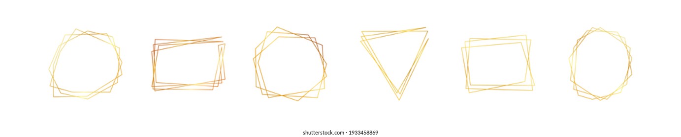 Conjunto de seis marcos geométricos poligonales dorados con efectos brillantes aislados en el fondo blanco. Fondo de arte deco brillante vacío. Ilustración vectorial.