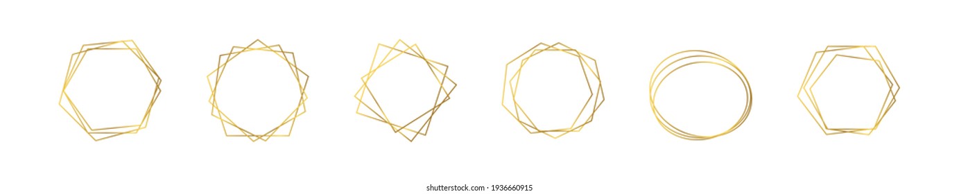 Set of six gold geometric polygonal frames with shining effects isolated on white background. Empty glowing art deco backdrop. Vector illustration.