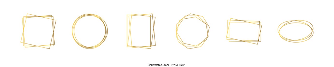 Conjunto de seis marcos geométricos poligonales dorados con efectos brillantes aislados en el fondo blanco. Fondo de arte deco brillante vacío. Ilustración vectorial.