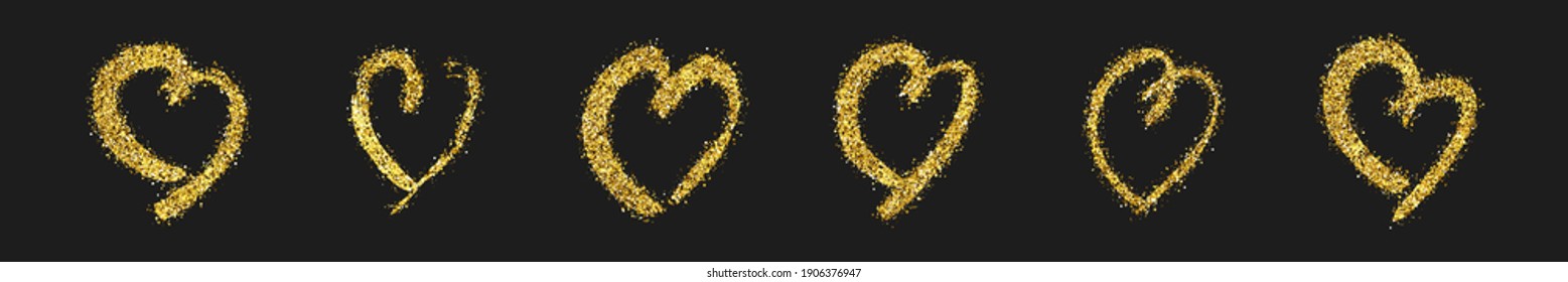 Conjunto de seis corazones dorados brillantes de doodle sobre fondo oscuro. El corazón granuja de oro dibujado a mano. Símbolo romántico de amor. Ilustración vectorial.