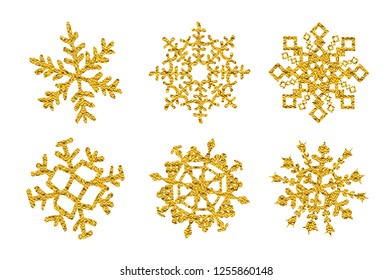 set six Gold glitter texture snowflake isolated on white background. Vector illustration. art