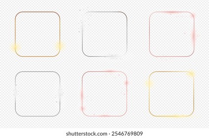 Set of six gold, silver and rose gold glowing rounded square frames isolated on transparent background. Shiny frame with glowing effects. Vector illustration