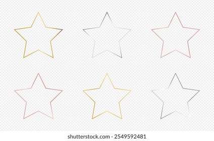Set of six gold, silver and rose gold glowing star shape frames isolated on transparent background. Shiny frame with glowing effects. Vector illustration