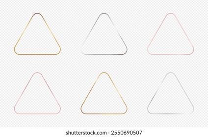 Set of six gold, silver and rose gold glowing rounded rhombus frames isolated on transparent background. Shiny frame with glowing effects. Vector illustration