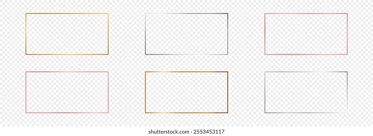 Set of six gold, silver and rose gold glowing rectangular shape frames isolated on transparent background. Shiny frame with glowing effects. Vector illustration