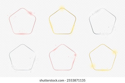 Set of six gold, silver and rose gold glowing rounded pentagon frames isolated on transparent background. Shiny frame with glowing effects. Vector illustration