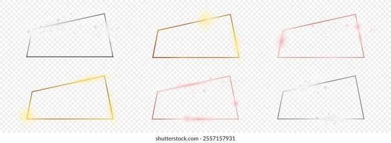 Set of six gold, silver and rose gold glowing trapezoid frames isolated on transparent background. Shiny frame with glowing effects. Vector illustration