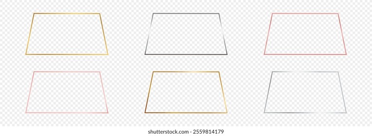 Set of six gold, silver and rose gold glowing trapezoid shape frames isolated on transparent background. Shiny frame with glowing effects. Vector illustration