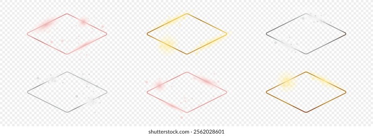 Set of six gold, silver and rose gold glowing rounded rhombus frames isolated on transparent background. Shiny frame with glowing effects. Vector illustration