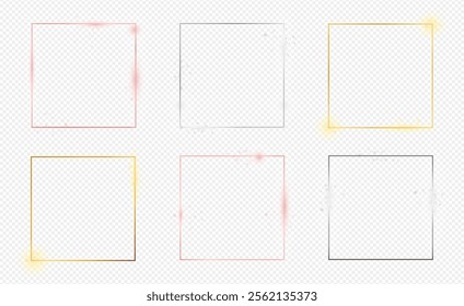 Set of six gold, silver and rose gold glowing square frames isolated on transparent background. Shiny frame with glowing effects. Vector illustration