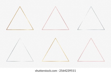 Set of six gold, silver and rose gold glowing triangle frames isolated on transparent background. Shiny frame with glowing effects. Vector illustration