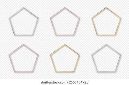 Set of six gold, silver and rose gold glowing pentagon frames isolated on transparent background. Shiny frame with glowing effects. Vector illustration