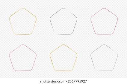 Set of six gold, silver and rose gold glowing rounded pentagon frames isolated on transparent background. Shiny frame with glowing effects. Vector illustration