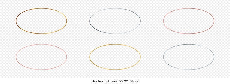 Set of six gold, silver and rose gold glowing oval shape frames isolated on transparent background. Shiny frame with glowing effects. Vector illustration
