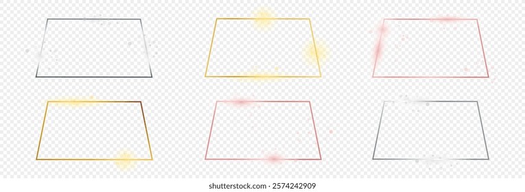 Set of six gold, silver and rose gold glowing trapezoid shape frames isolated on transparent background. Shiny frame with glowing effects. Vector illustration