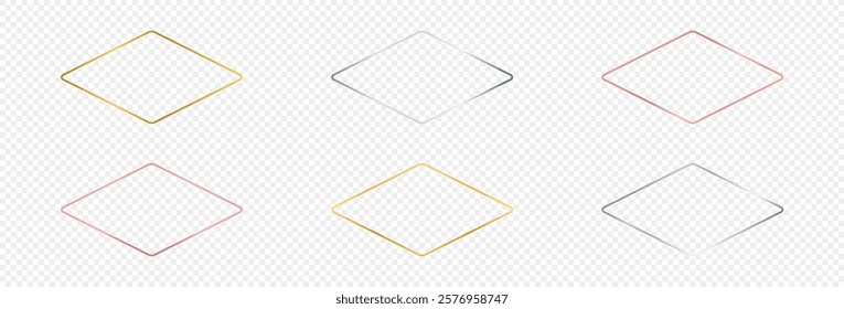 Set of six gold, silver and rose gold glowing rounded rhombus frames isolated on transparent background. Shiny frame with glowing effects. Vector illustration