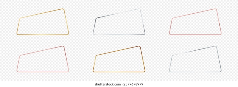 Set of six gold, silver and rose gold glowing rounded trapezium frames isolated on transparent background. Shiny frame with glowing effects. Vector illustration