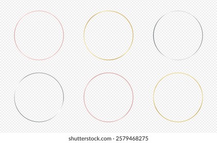 Set of six gold, silver and rose gold glowing circle frames isolated on transparent background. Shiny frame with glowing effects. Vector illustration