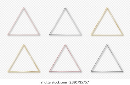 Set of six gold, silver and rose gold glowing triangle frames isolated on transparent background. Shiny frame with glowing effects. Vector illustration