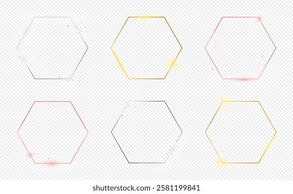 Set of six gold, silver and rose gold glowing hexagon frames isolated on transparent background. Shiny frame with glowing effects. Vector illustration
