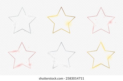 Set of six gold, silver and rose gold glowing star shape frames isolated on transparent background. Shiny frame with glowing effects. Vector illustration