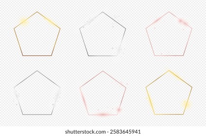 Set of six gold, silver and rose gold glowing pentagon frames isolated on transparent background. Shiny frame with glowing effects. Vector illustration