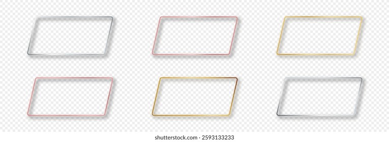 Set of six gold, silver and rose gold glowing rounded parallelogram frames isolated on transparent background. Shiny frame with glowing effects. Vector illustration