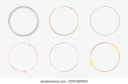 Set of six gold, silver and rose gold glowing circle frames isolated on transparent background. Shiny frame with glowing effects. Vector illustration