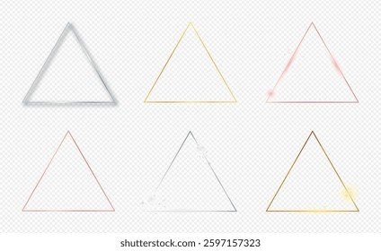 Set of six gold, silver and rose gold glowing triangle frames isolated on transparent background. Shiny frame with glowing effects. Vector illustration