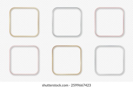 Set of six gold, silver and rose gold glowing rounded square frames isolated on transparent background. Shiny frame with glowing effects. Vector illustration
