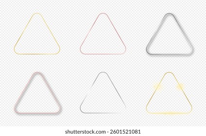 Set of six gold, silver and rose gold glowing rounded rhombus frames isolated on transparent background. Shiny frame with glowing effects. Vector illustration
