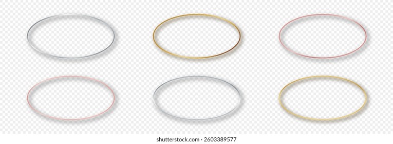 Set of six gold, silver and rose gold glowing oval shape frames isolated on transparent background. Shiny frame with glowing effects. Vector illustration
