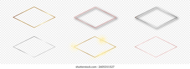 Set of six gold, silver and rose gold glowing rhombus shape frames isolated on transparent background. Shiny frame with glowing effects. Vector illustration