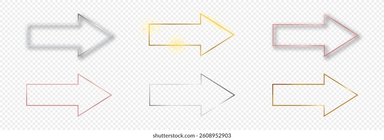 Set of six gold, silver and rose gold glowing arrow shape frames isolated on transparent background. Shiny frame with glowing effects. Vector illustration