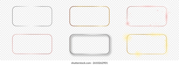 Set of six gold, silver and rose gold glowing rounded rectangular frames isolated on transparent background. Shiny frame with glowing effects. Vector illustration