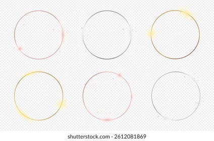 Set of six gold, silver and rose gold glowing circle frames isolated on transparent background. Shiny frame with glowing effects. Vector illustration
