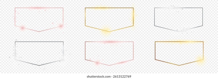 Set of six gold, silver and rose gold glowing frames isolated on transparent background. Shiny frame with glowing effects. Vector illustration