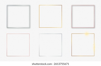 Set of six gold, silver and rose gold glowing square frames isolated on transparent background. Shiny frame with glowing effects. Vector illustration