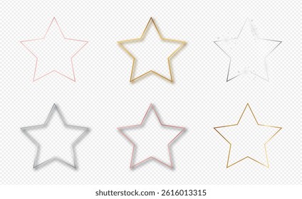 Set of six gold, silver and rose gold glowing star shape frames isolated on transparent background. Shiny frame with glowing effects. Vector illustration
