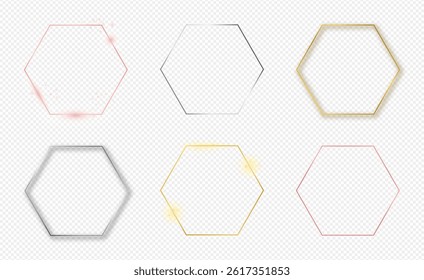 Set of six gold, silver and rose gold glowing hexagon frames isolated on transparent background. Shiny frame with glowing effects. Vector illustration