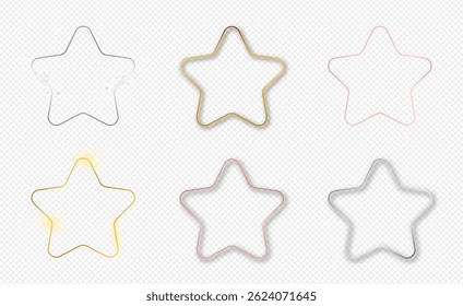 Set of six gold, silver and rose gold glowing rounded star frames isolated on transparent background. Shiny frame with glowing effects. Vector illustration