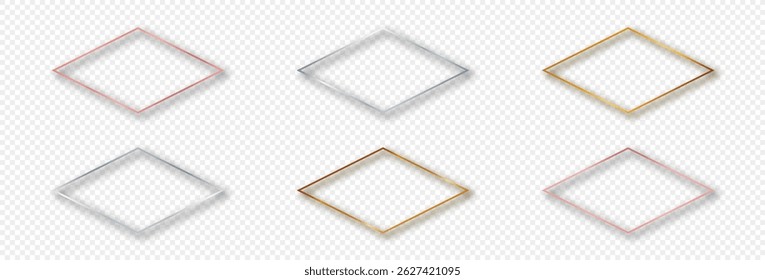 Set of six gold, silver and rose gold glowing rhombus shape frames isolated on transparent background. Shiny frame with glowing effects. Vector illustration