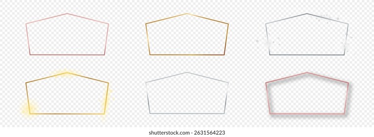 Conjunto de seis molduras em forma de tetragon em ouro, prata e ouro rosa brilhantes isoladas em fundo transparente. Quadro brilhante com efeitos brilhantes. Ilustração vetorial