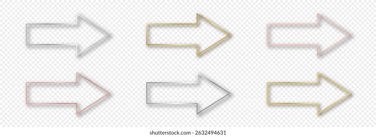 Set of six gold, silver and rose gold glowing arrow shape frames isolated on transparent background. Shiny frame with glowing effects. Vector illustration